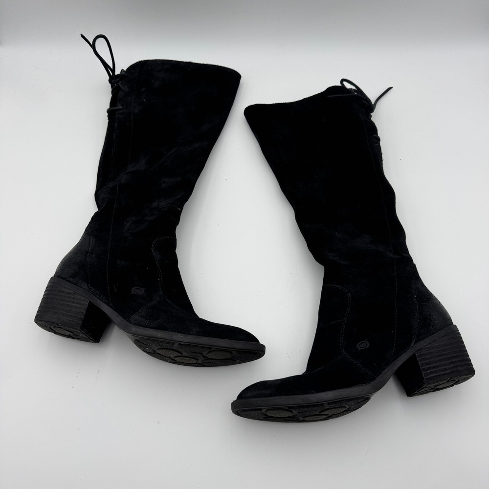 Born Felicia Womens 8.5 Black Suede Tall Wide Calf Block Heel Lace Up Boots - Picture 2 of 12